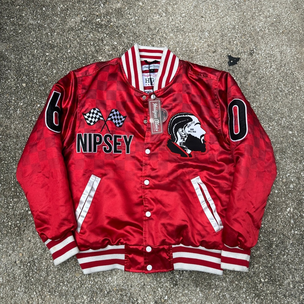 Headgear Classics Nipsey Hussle Victory Lap Satin Varsity Jacket Red Mens Small